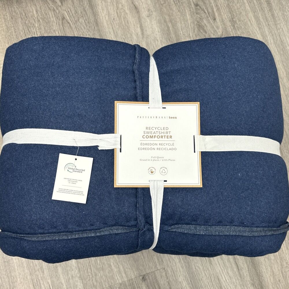 NEW Pottery Barn Teen Recycled Sweatshirt Comforter Full Queen Heathered Navy